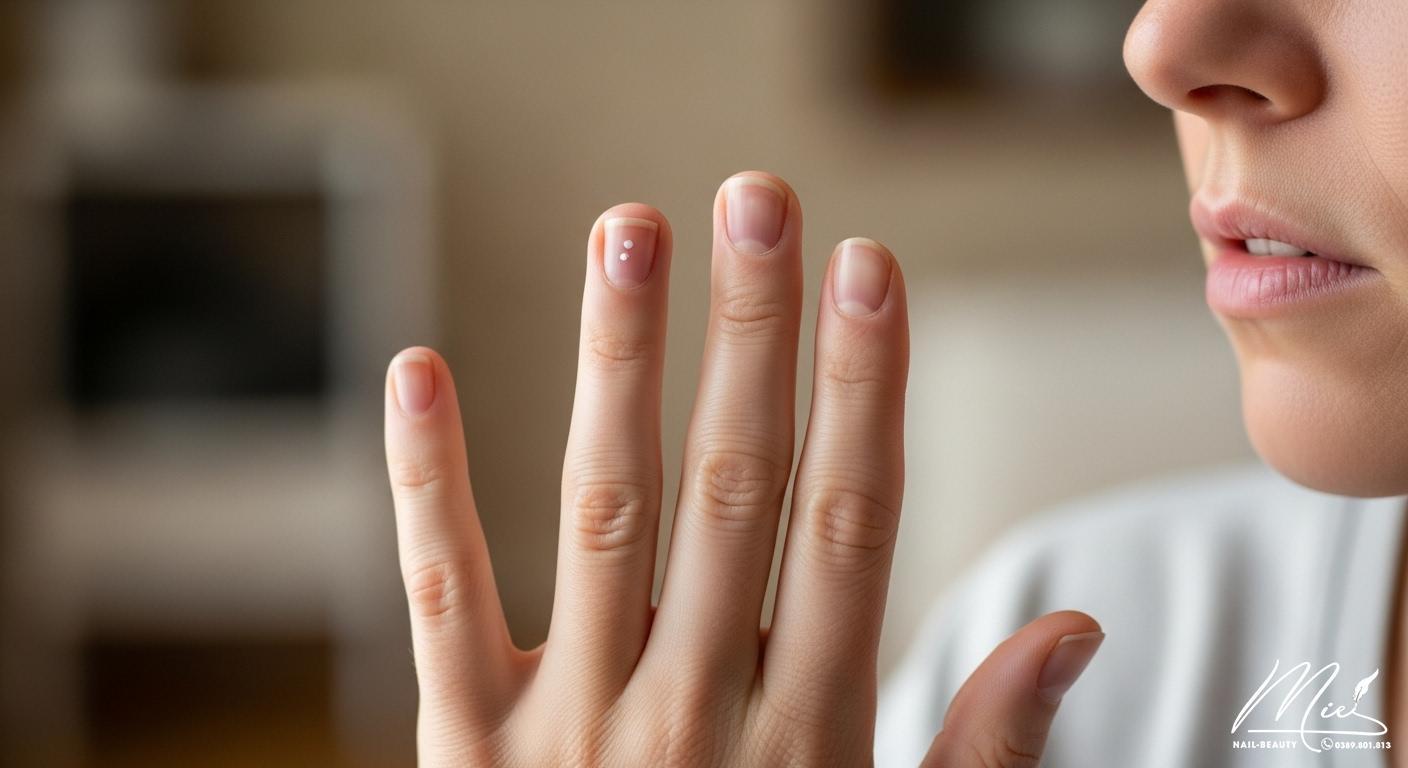 Phần trắng ở móng tay có ý nghĩa gì? 3+ bước tự kiểm tra 1 Bàn tay đang nhìn đốm trắng trên móng, thể hiện sự lo lắng về sức khỏe móng tay.