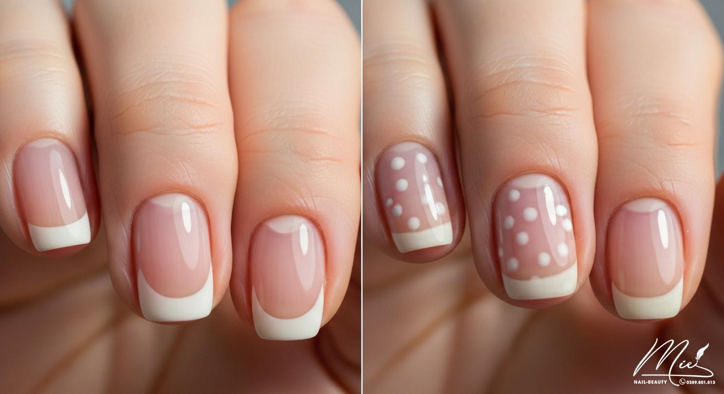 Phần trắng ở móng tay có ý nghĩa gì? 3+ bước tự kiểm tra 2 Hình ảnh so sánh móng tay có liềm móng khỏe mạnh và móng tay có đốm trắng (leukonychia).