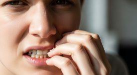 Hình ảnh cận cảnh một người đang cắn móng tay với vẻ mặt lo lắng, thể hiện thói quen xấu và những tác hại tiềm ẩn.