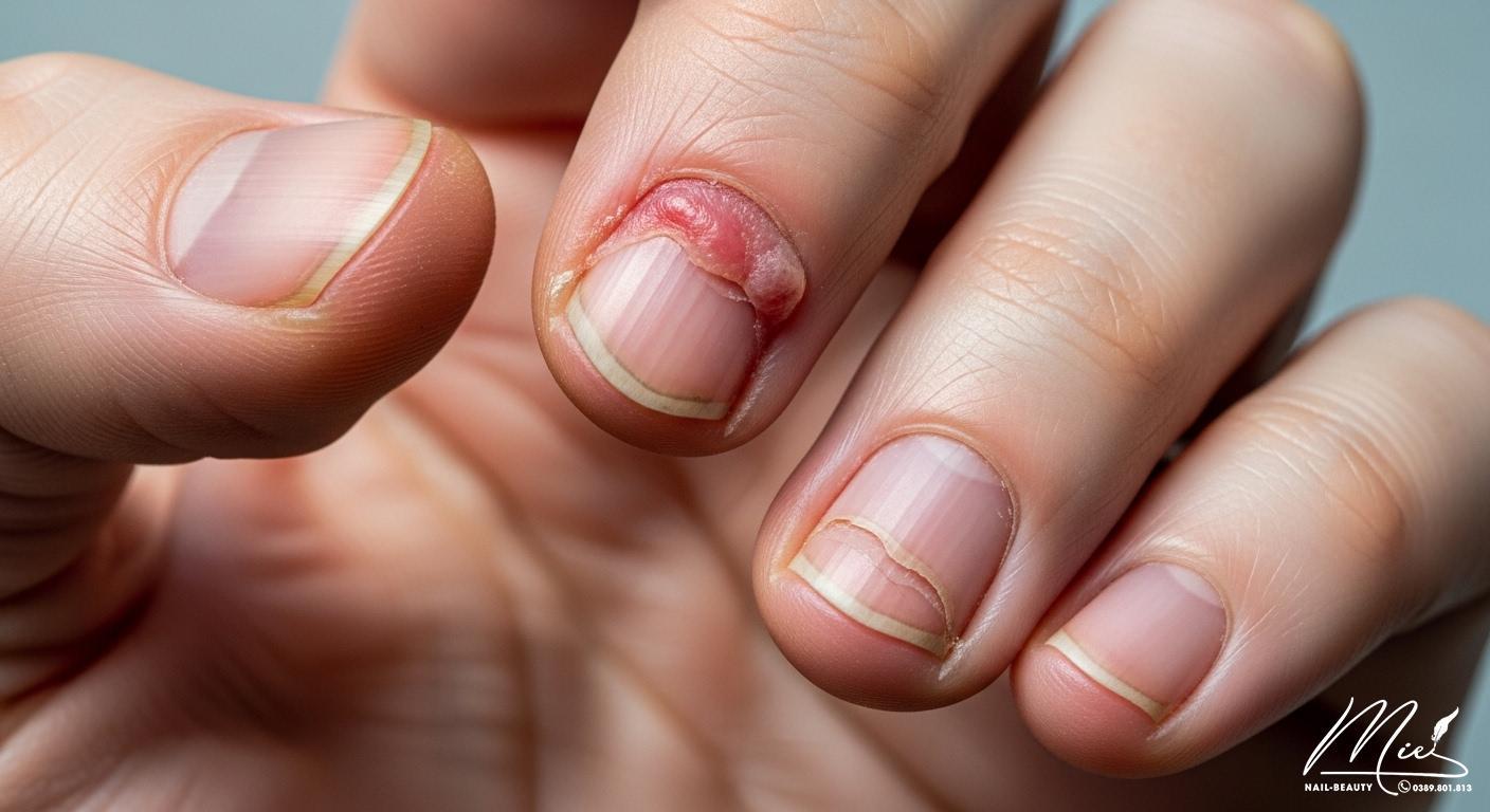 Bàn tay với ngón tay bị nhiễm trùng quanh móng (paronychia) và móng tay bị biến dạng do cắn móng lâu ngày.