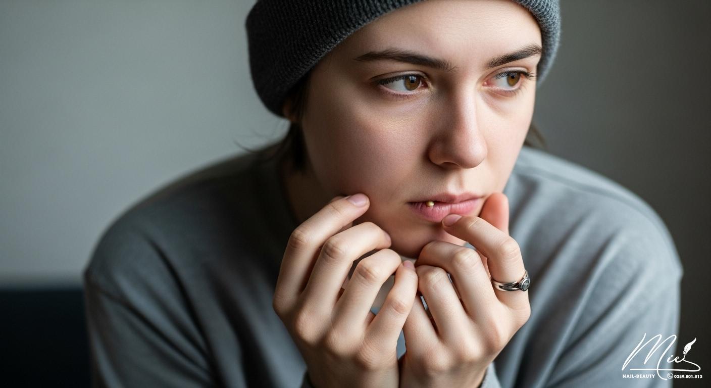 Hình ảnh một người trẻ tuổi đang che giấu bàn tay bị cắn móng, ánh mắt thể hiện sự tự ti và lo âu.