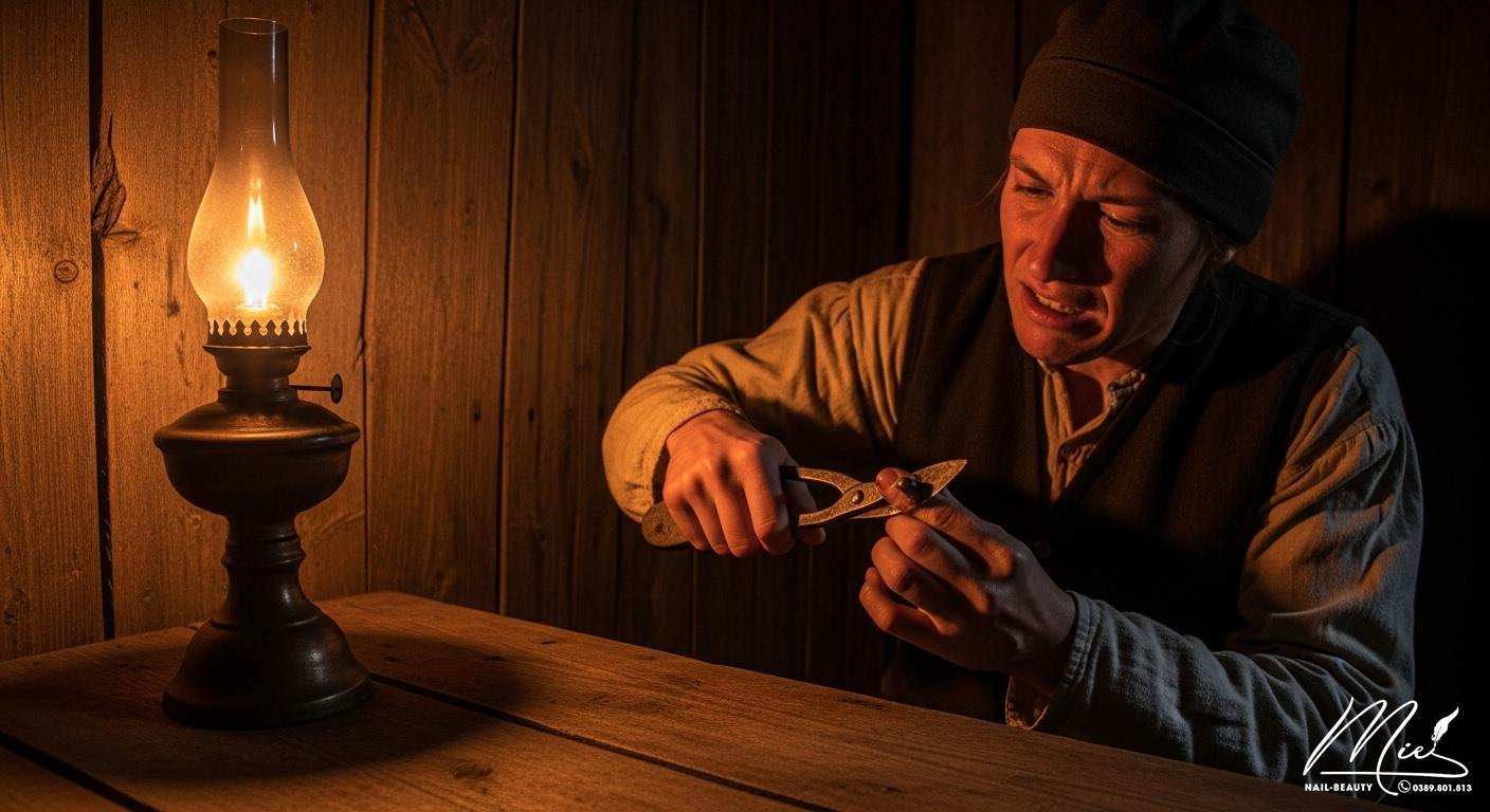 Cảnh một người cắt móng tay dưới ánh đèn dầu leo lét thời xưa, thể hiện rủi ro thiếu sáng.