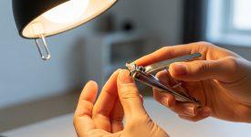 Hình ảnh một người đang cắt móng tay an toàn dưới ánh sáng đèn bàn rõ ràng, với dụng cụ vệ sinh.