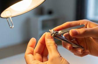 Hình ảnh một người đang cắt móng tay an toàn dưới ánh sáng đèn bàn rõ ràng, với dụng cụ vệ sinh.