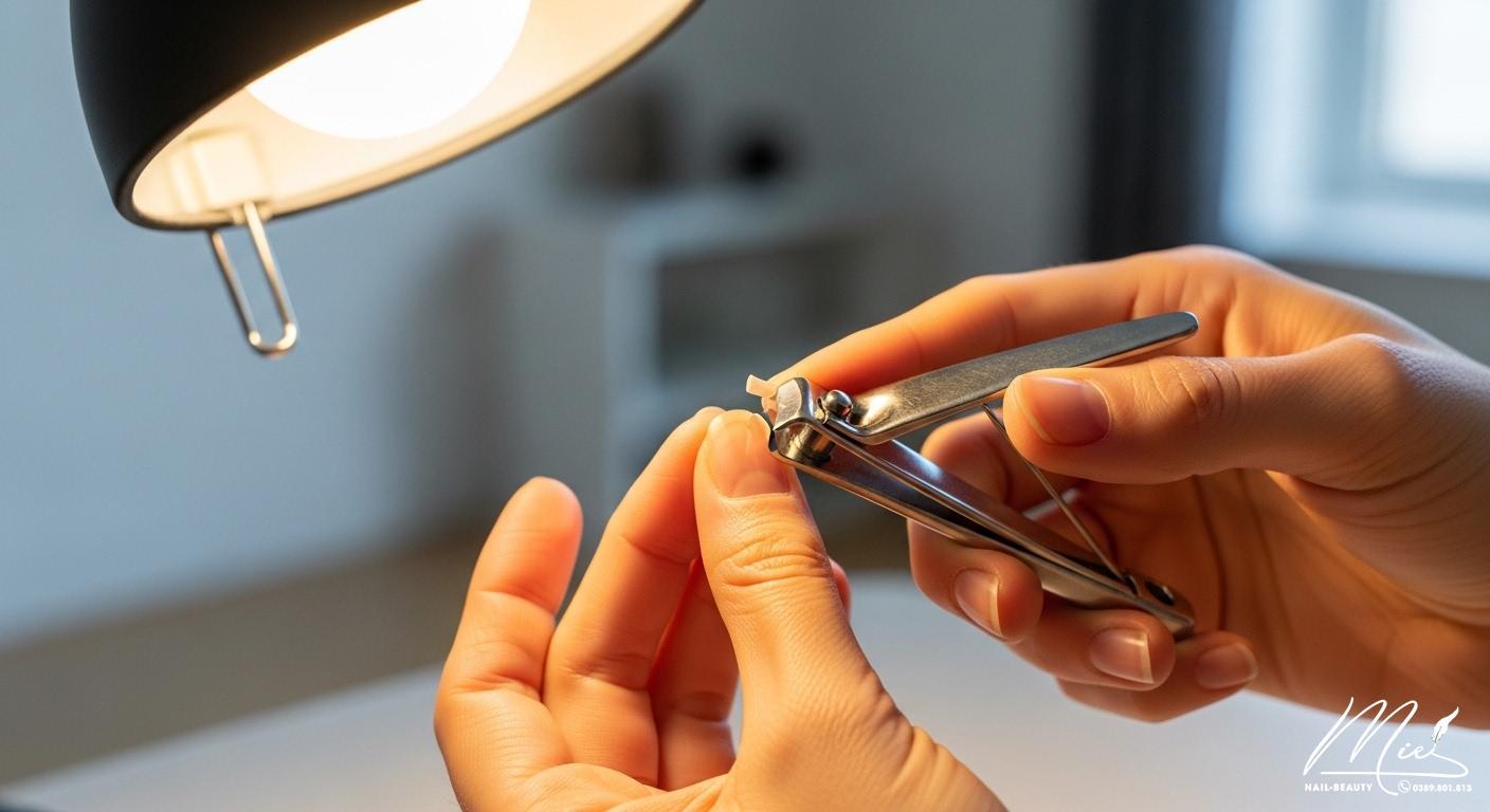 Biên tập viên: Trần Thị Xuân Mai (Anh Thy) 8 Hình ảnh một người đang cắt móng tay an toàn dưới ánh sáng đèn bàn rõ ràng, với dụng cụ vệ sinh.