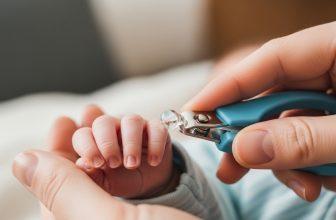 Bàn tay bé sơ sinh với móng tay dài được người lớn cắt tỉa cẩn thận bằng dụng cụ chuyên dụng