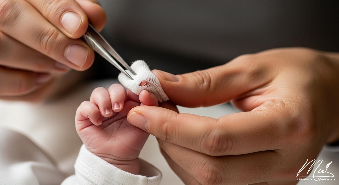 Người mẹ nhẹ nhàng sơ cứu vết cắt nhỏ trên ngón tay bé sơ sinh bằng gạc sạch, trấn an bé