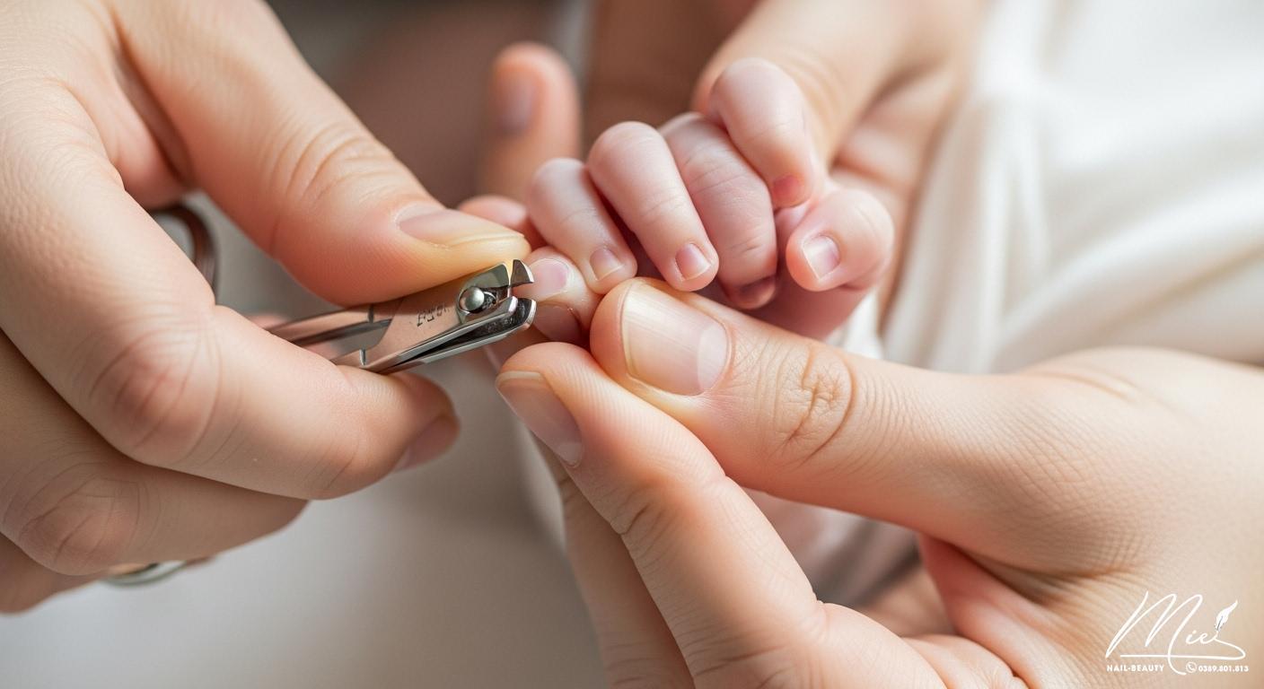 Hình ảnh cận cảnh quy trình cắt móng tay an toàn cho trẻ sơ sinh với dụng cụ chuyên biệt và kỹ thuật đúng cách