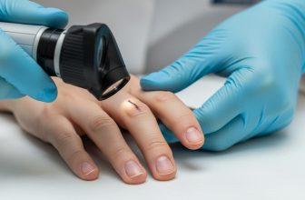 Bàn tay của bác sĩ đang cầm kính soi da kiểm tra móng tay của bệnh nhân, minh họa việc phát hiện ung thư móng tay sớm