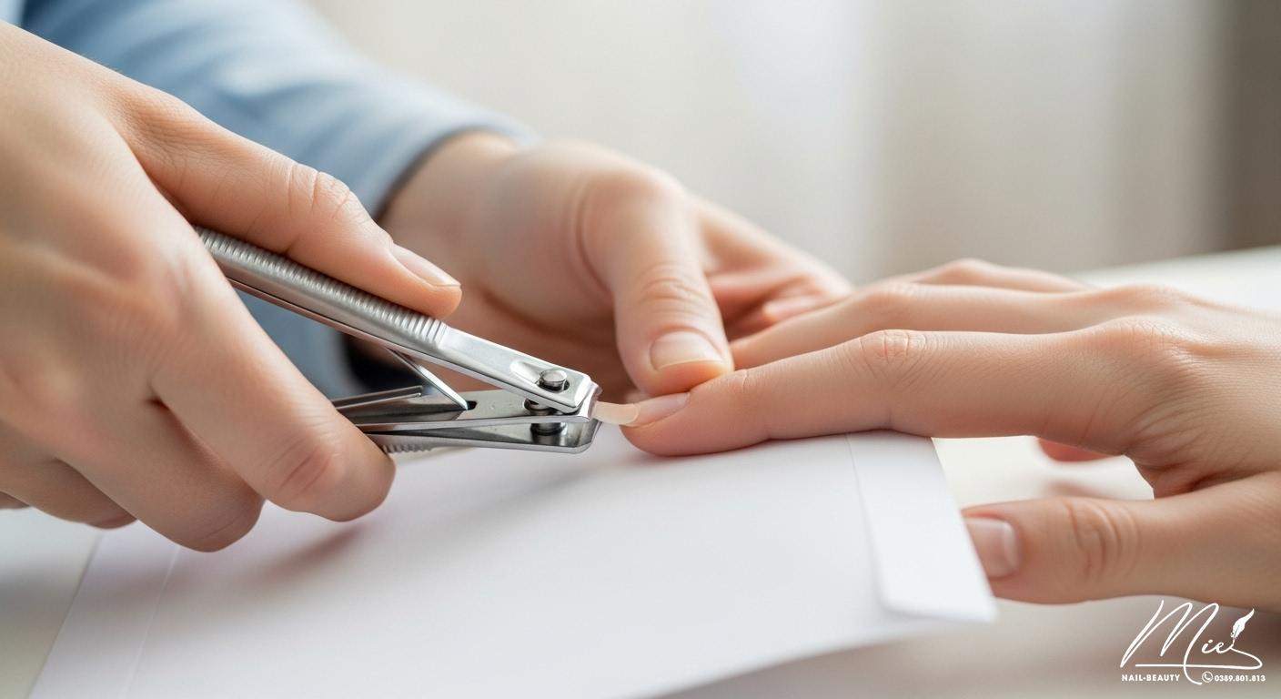 Cận cảnh bàn tay đang cắt móng tay sạch sẽ và đặt vào phong bì giấy để thu thập mẫu ADN đúng cách.
