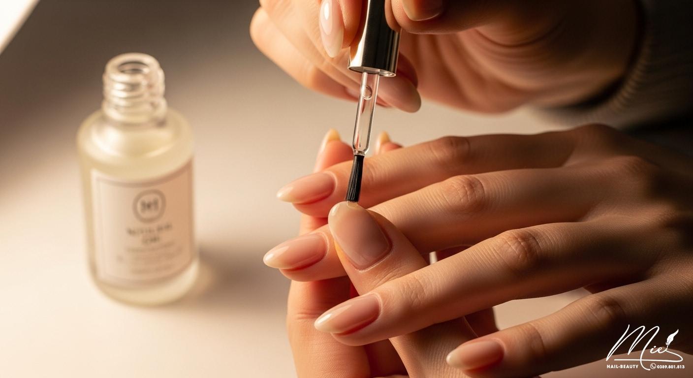 1 tuần móng tay dài bao nhiều? Dấu hiệu nhận biết sức khỏe 3 Bàn tay đang thực hiện các bước chăm sóc móng tay khỏe mạnh, như thoa dầu dưỡng hoặc cắt tỉa.