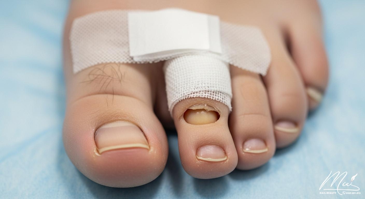 Chân được băng bó cẩn thận sau khi bật móng, thể hiện quá trình chăm sóc vết thương ban đầu.