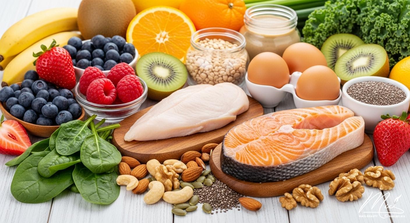 Các thực phẩm giàu dinh dưỡng như rau xanh, trái cây, thịt nạc và hạt, tốt cho móng chân khỏe mạnh.