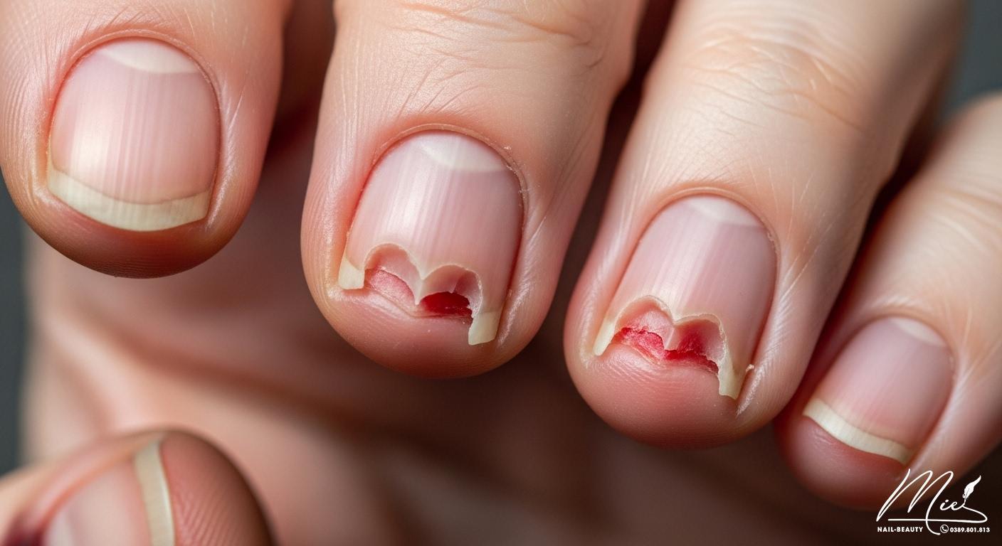Cách Bỏ Tật Cắn Móng Tay Vĩnh Viễn: Giải Mã Tâm Lý 2 Hình ảnh cận cảnh móng tay bị cắn hư tổn, viền móng sưng đỏ, minh họa tác hại của tật cắn móng tay.