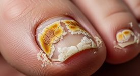 Móng chân cái bị thối, đổi màu, dày sừng và có mùi hôi.