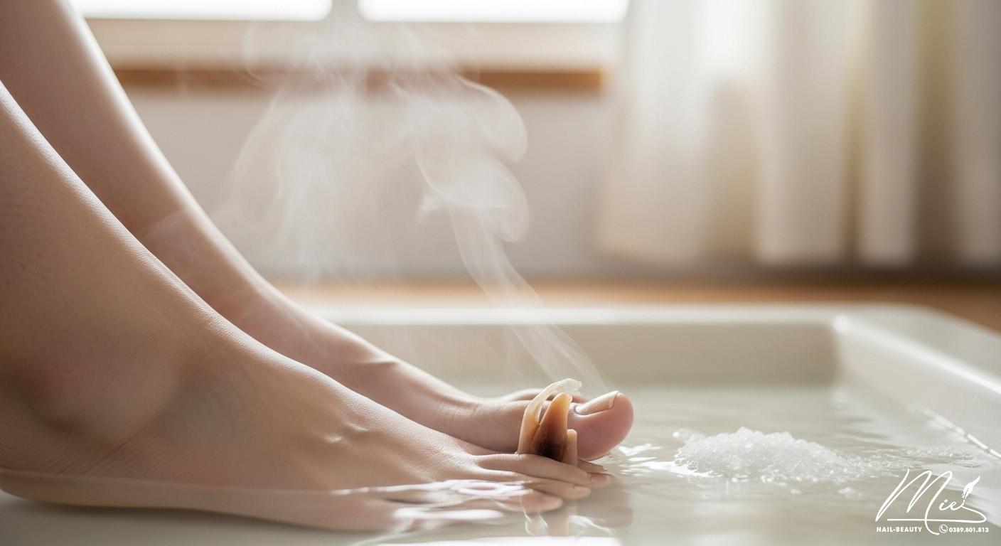 Ngâm chân trong chậu nước ấm với muối Epsom để trị nấm móng.