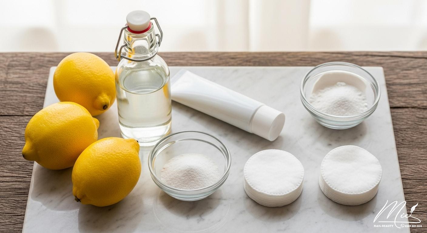 Nguyên liệu tự nhiên tẩy sơn móng tay: chanh, giấm, kem đánh răng và baking soda