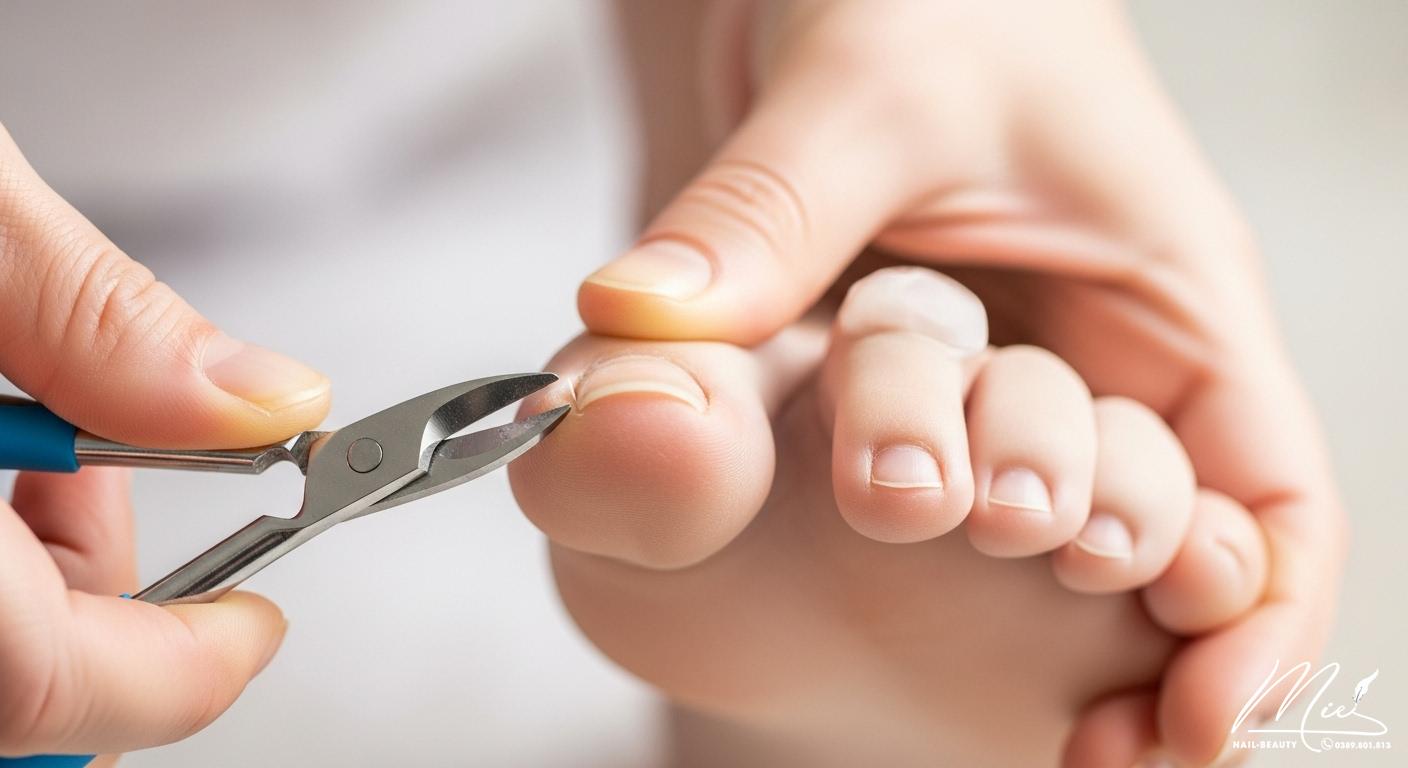 Cận cảnh bàn chân đang được cắt móng thẳng, gọn gàng để ngăn ngừa móng mọc ngược và thối khóe