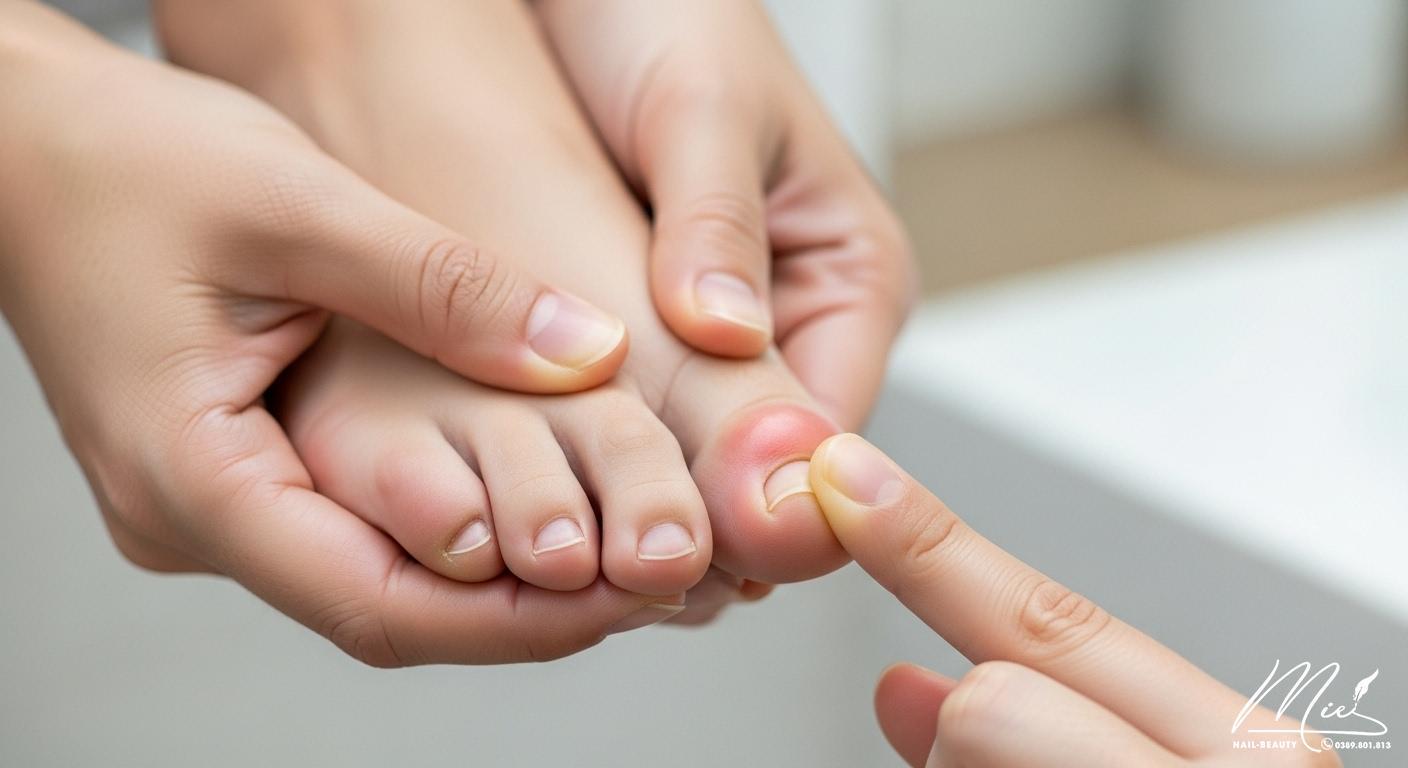 Hình ảnh một người đang tự kiểm tra và chăm sóc khóe móng chân bị sưng nhẹ tại nhà.