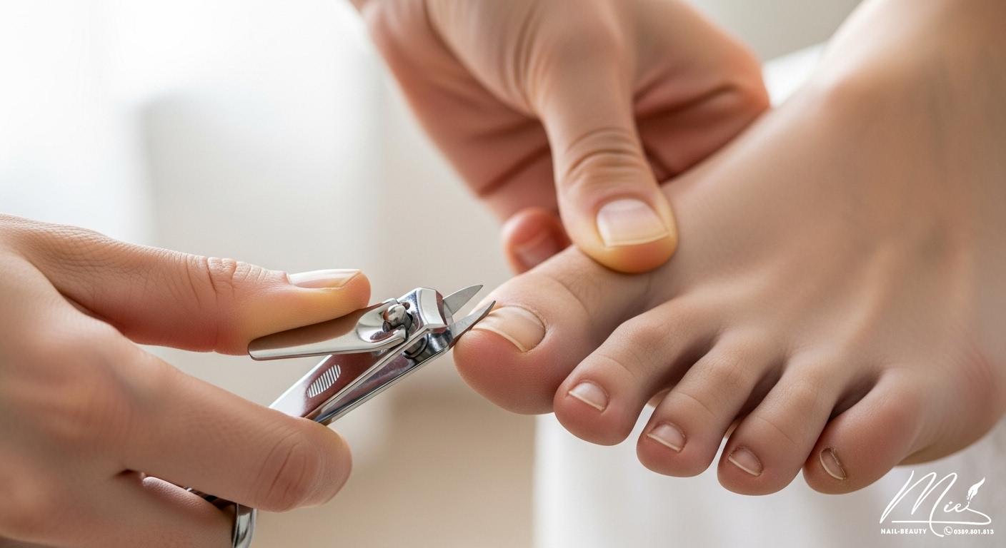 Hình ảnh cắt móng chân đúng cách bằng dụng cụ sạch để phòng ngừa móng mọc ngược và viêm nhiễm.
