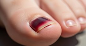 Hình ảnh cận cảnh móng chân bị dập bầm tím với màu sắc chuyển từ đỏ sang tím, thể hiện tình trạng tụ máu dưới móng.