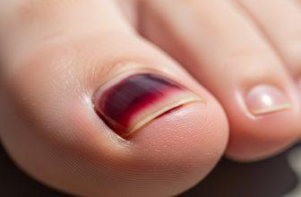 Hình ảnh cận cảnh móng chân bị dập bầm tím với màu sắc chuyển từ đỏ sang tím, thể hiện tình trạng tụ máu dưới móng.