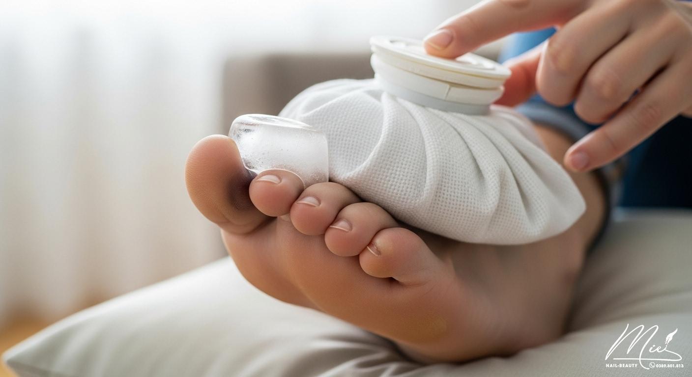 Hình ảnh một người đang chườm túi đá lên ngón chân bị dập để giảm sưng và đau.