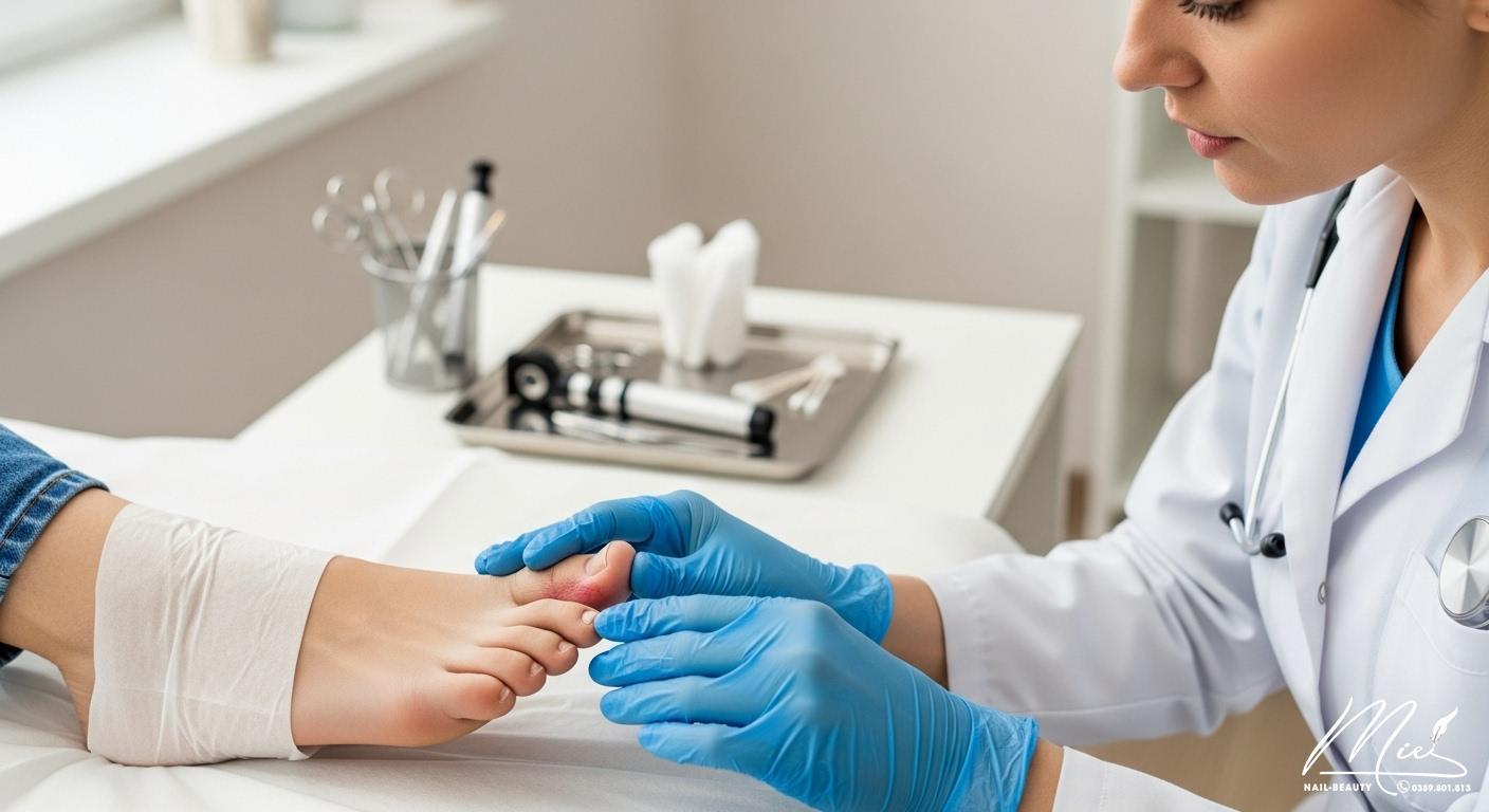 Bác sĩ đang khám bàn chân và móng chân bị thương cho bệnh nhân trong phòng khám, nhấn mạnh sự cần thiết của chăm sóc y tế.