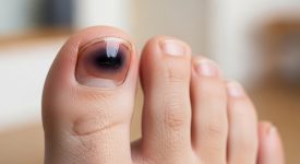 Hình ảnh móng chân bị dập tụ máu, sưng tấy và vết bầm tím, cần sơ cứu.