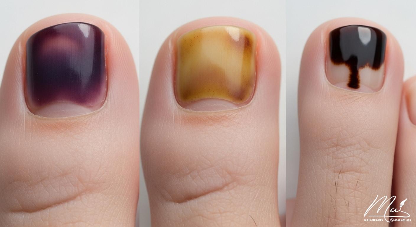 Ba móng chân với các dấu hiệu khác nhau: bầm tím, nấm và vệt đen bất thường