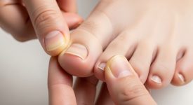 Người tự kiểm tra gốc móng chân tại nhà, tập trung vào vùng gốc móng.