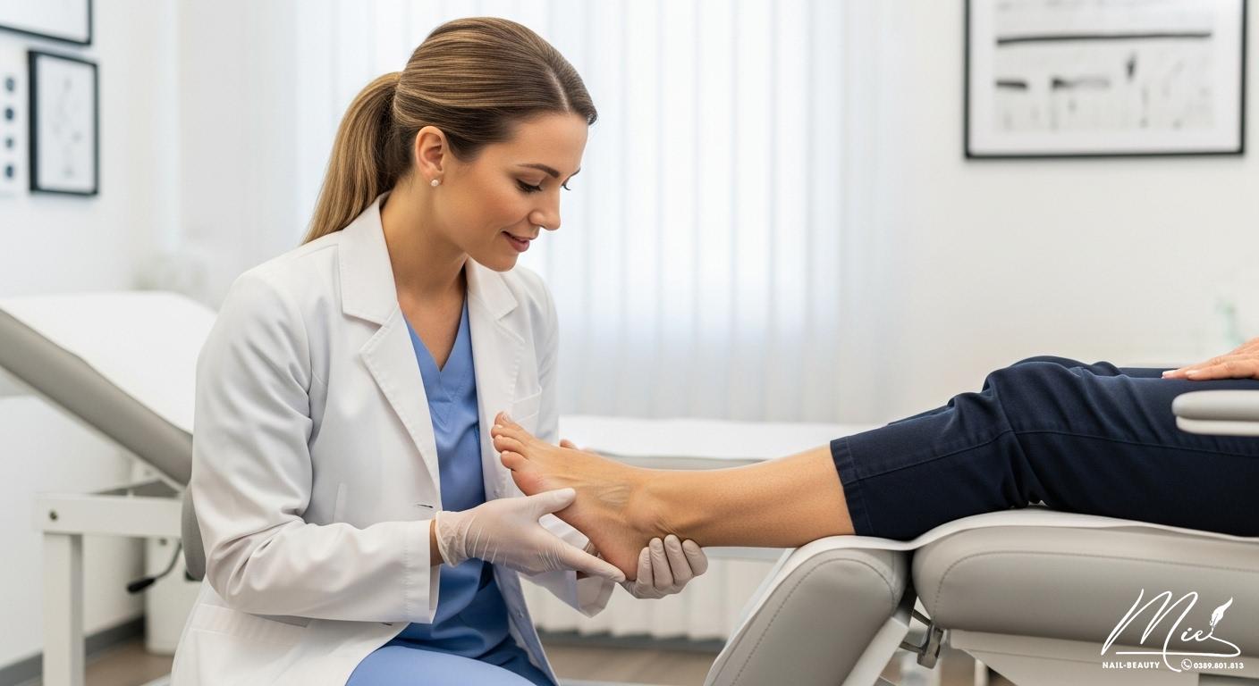 Bác sĩ da liễu kiểm tra và tư vấn về móng chân bị lõm