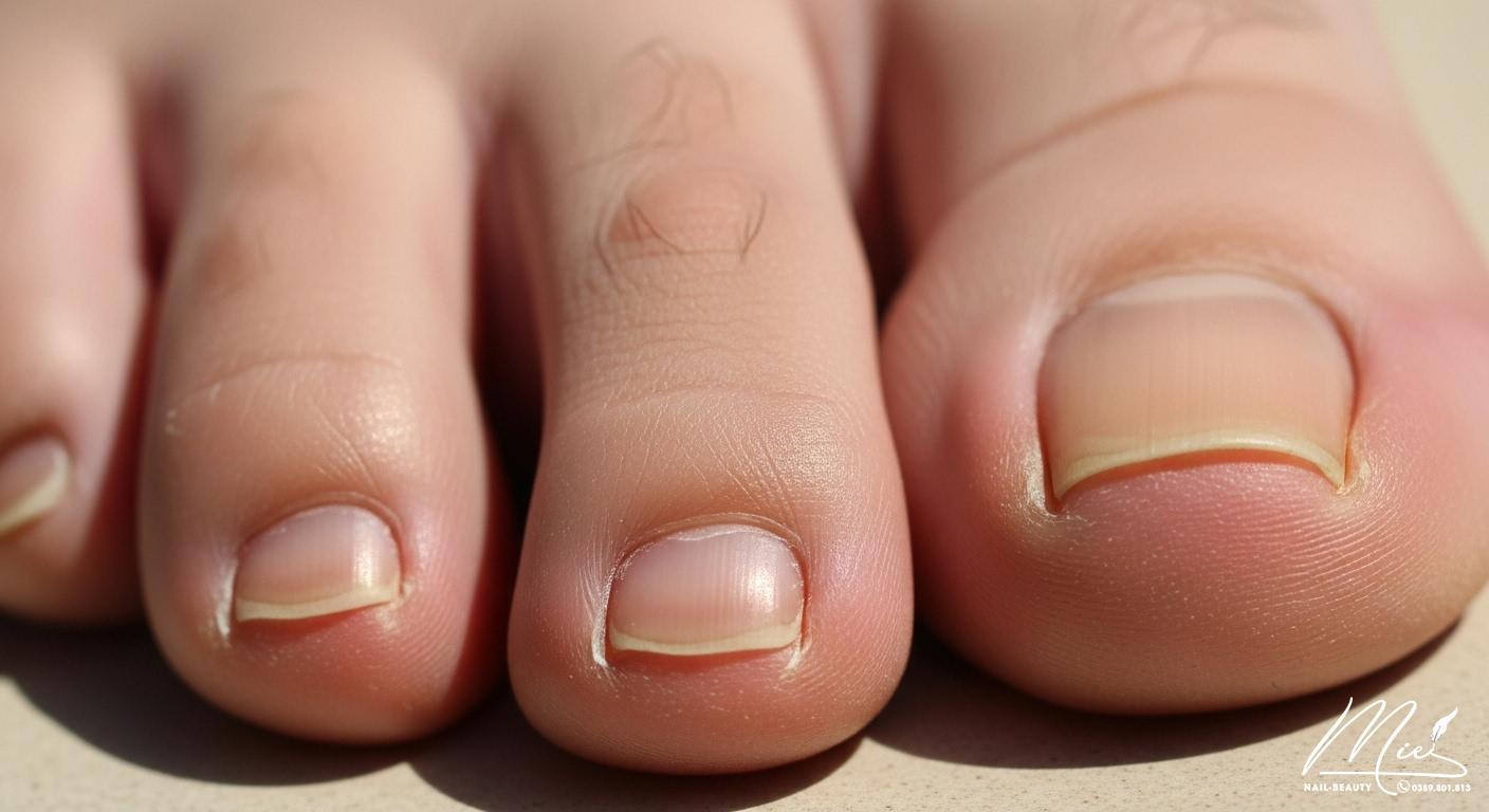 Hình ảnh cận cảnh móng chân sần sùi với các đường gờ và vết nứt, cho thấy tình trạng thiếu hụt dưỡng chất hoặc vấn đề sức khỏe.