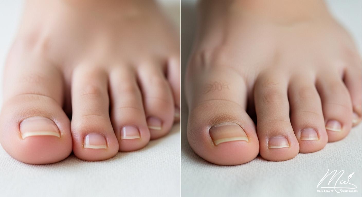 Minh họa sự khác biệt giữa móng chân khỏe mạnh và móng sần sùi do thiếu Biotin, B12, Kẽm.