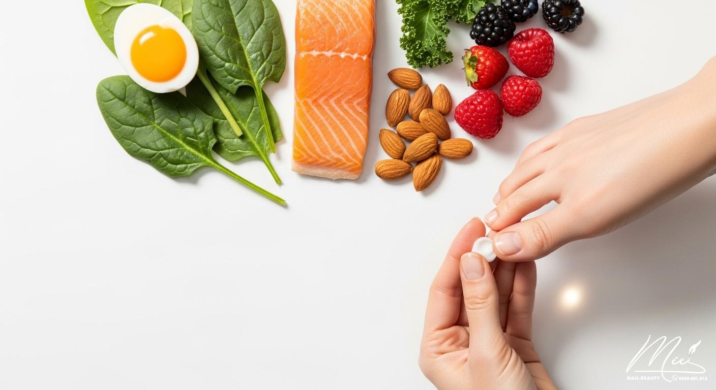 Bàn tay đang thoa kem dưỡng ẩm lên móng chân và các thực phẩm giàu dinh dưỡng như trứng, cá hồi, rau xanh, biểu tượng cho việc chăm sóc và phục hồi móng tại nhà.