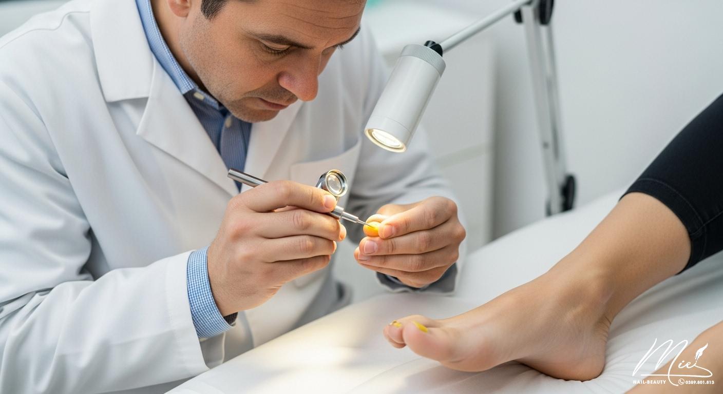 Bác sĩ da liễu đang khám và chẩn đoán tình trạng móng chân bị vàng của bệnh nhân