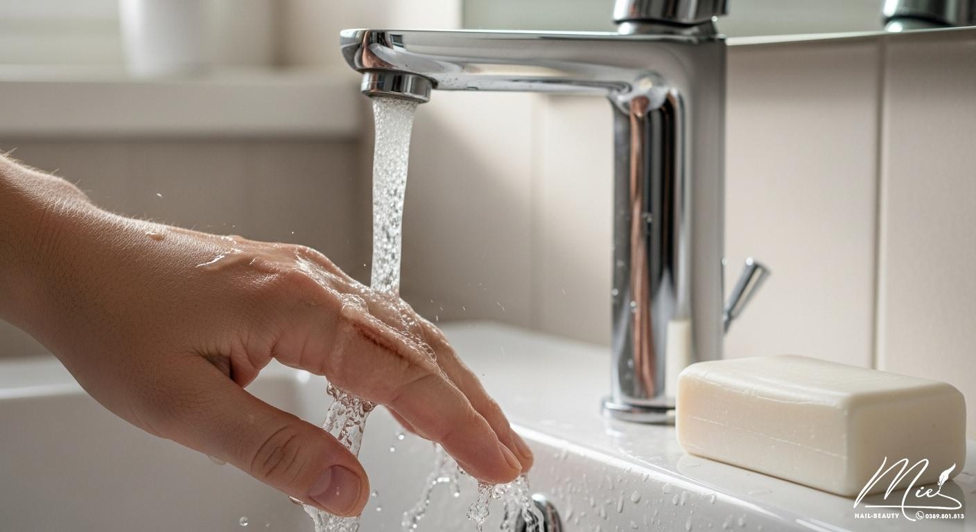 Người lớn đang rửa sạch vết cào trên tay bằng xà phòng dưới vòi nước chảy, hướng dẫn sơ cứu.