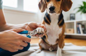 Chủ nhân đang cắt móng cho chú chó cưng, hành động phòng ngừa vết cào.