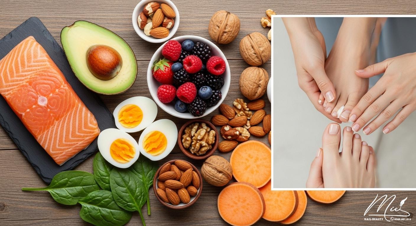 Thực phẩm giàu dinh dưỡng và quy trình chăm sóc móng chân đúng cách để móng khỏe mạnh.